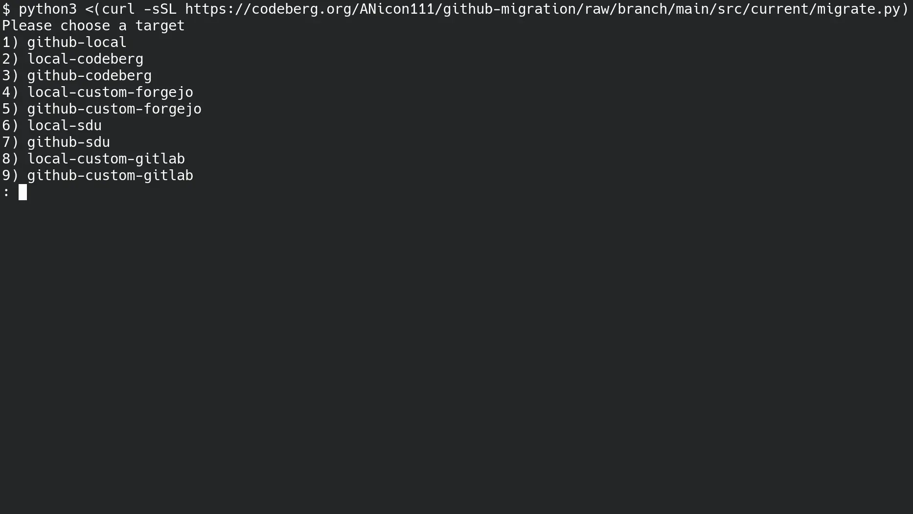 Screenshot of the 'Github Migrator' Python university project